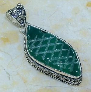 New Carved Chrysoprase Antique Design Silver Pendant.